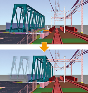 図-3　運転士から見た横取り架設前後の仮橋梁モデル