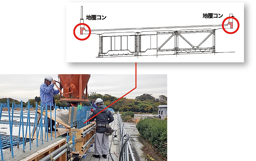 写真-4　PC床版仮置場での地覆コンクリート打設状況