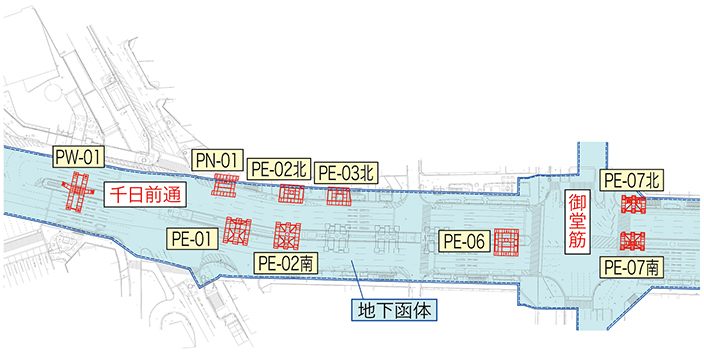 図-2　全体位置図（赤色の基礎が鋼製基礎）