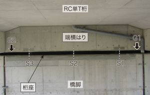 写真-2　橋脚-ＲＣ単Ｔ桁（復旧完了状況）（S；ストッパー、G；ゴム支承）